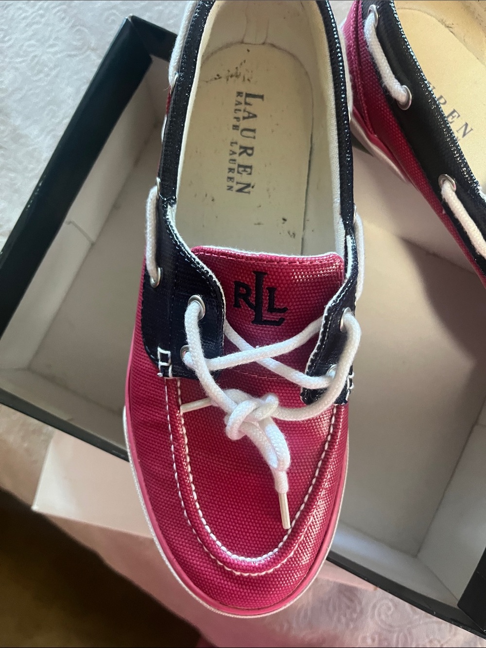 Lauren Ralph Lauren Pink and Navy Canvas Boat Shoe
